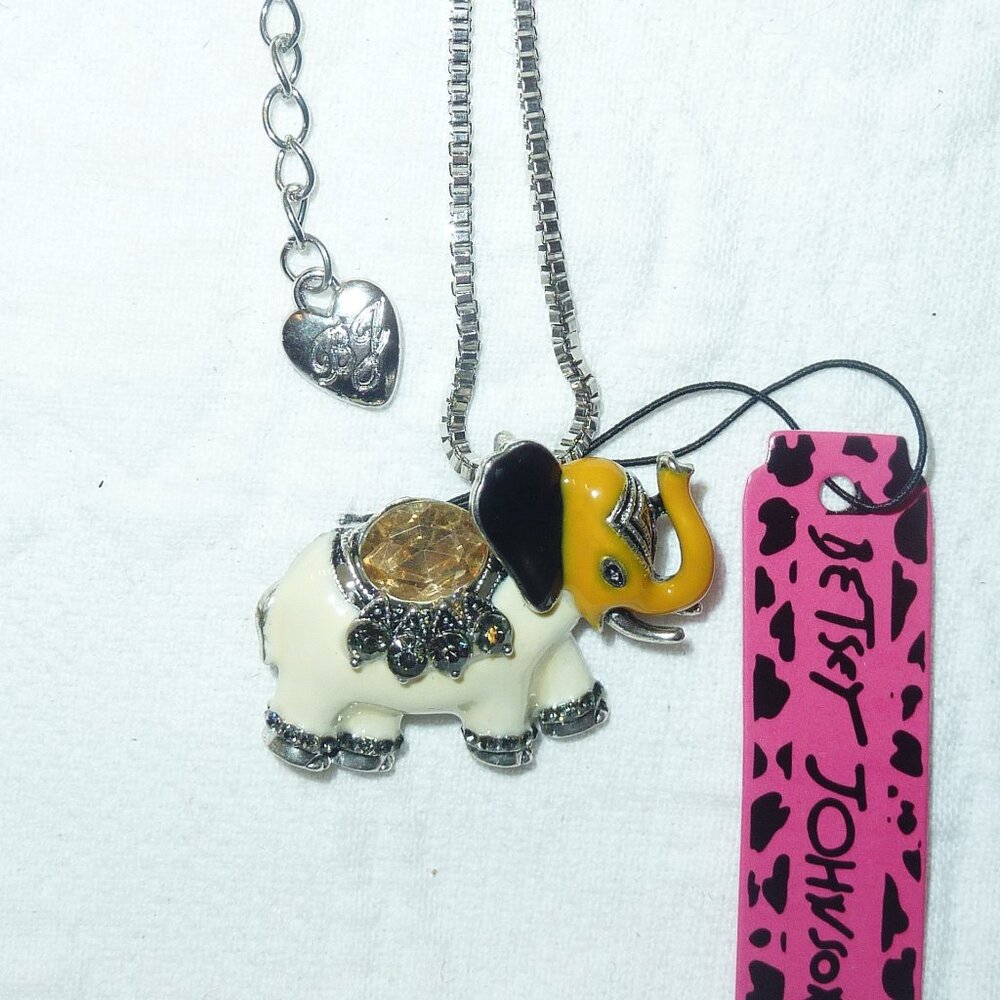 NWT Betsey Johnson Elephant Pendant and Pin on Long Silver Tone Chain